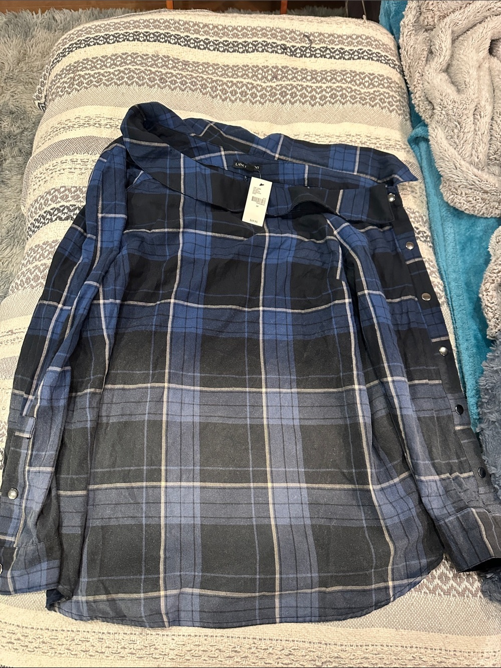 Lane Bryant Blue and Black Plaid Button-Down Shirt